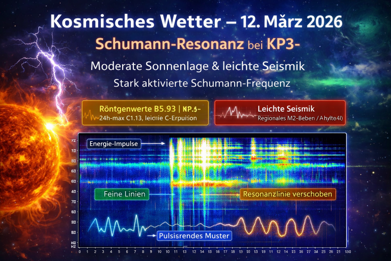 Kosmisches Wetter, Horizontales Beitragsbild zum kosmischen Wetter am 12. März 2026 mit Sonne, Polarlichtfarben und einem Schumann-Resonanz-Spektrogramm, das starke elektromagnetische Impulse und Resonanzlinien zeigt.