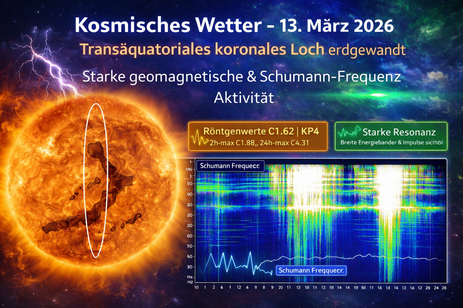 Kosmisches Wetter Darstellung der Sonne mit einem großen transäquatorialen koronalen Loch, kombiniert mit Visualisierung der Schumann-Resonanz und geomagnetischer Aktivität am 13. März 2026.
