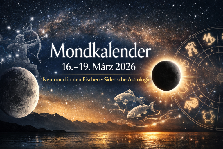 Mystisches Beitragsbild zum Mondkalender 16.–19. März 2026 nach wahrer siderischer Astrologie. Sternenhimmel über einer Landschaft mit Mondphasen, Fischen als Symbol für das Sternbild Fische und Darstellung des Neumonds, der den Beginn eines neuen Mondzyklus symbolisiert.