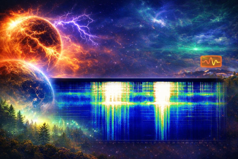 Horizontales Beitragsbild zum kosmischen Wetter: aktive Sonne sendet Sonnenwind zur Erde, Polarlichter und elektromagnetische Energiewellen um den Planeten sowie ein Schumann-Resonanz-Spektrum mit starken Intensitätsfeldern.