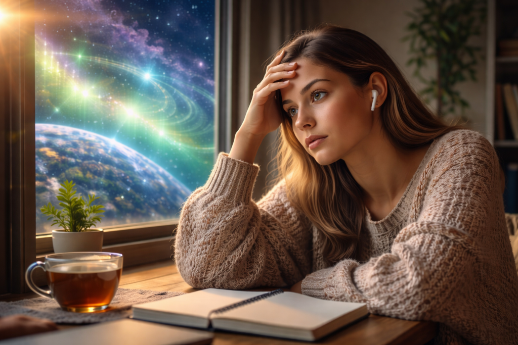 Frau sitzt nachdenklich am Fenster mit Tee und Notizbuch, während draußen kosmische Energien und Lichter sichtbar sind – Symbol für die Wirkung von Schumann-Resonanz und kosmischem Wetter auf Körper und Psyche