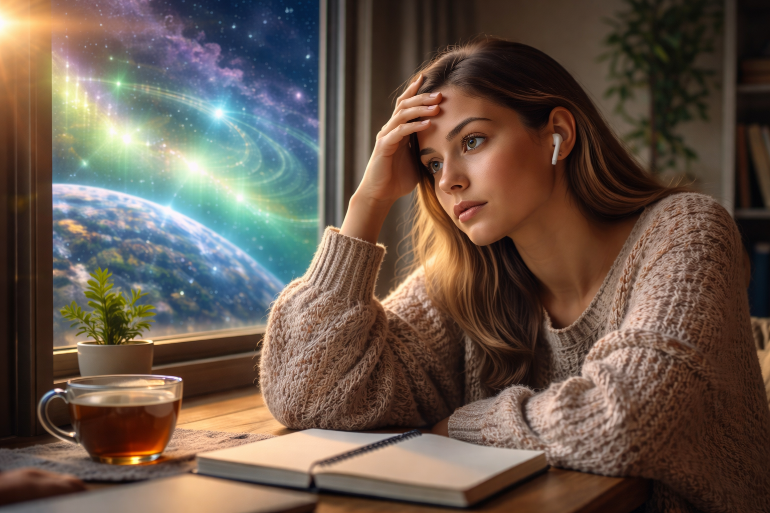 Frau sitzt nachdenklich am Fenster mit Tee und Notizbuch, während draußen kosmische Energien und Lichter sichtbar sind – Symbol für die Wirkung von Schumann-Resonanz und kosmischem Wetter auf Körper und Psyche