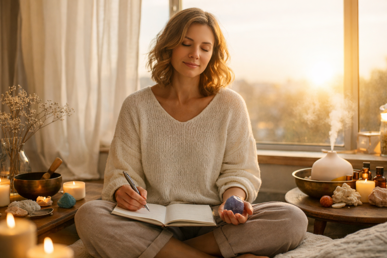 Fotorealistisches Beitragsbild zum Mondkalender 20.–22. März 2026: Eine Frau sitzt entspannt in einer warm beleuchteten Alltagsszene am Fenster, schreibt in ein Notizbuch und hält einen Kristall in der Hand. Die ruhige Atmosphäre mit Kerzen und natürlichen Elementen symbolisiert Intuition, Reflexion und den Übergang vom Neumond in die aktive Umsetzung neuer Impulse.