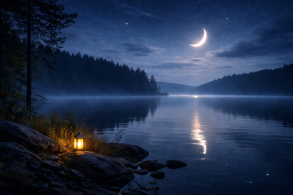 Ruhige nächtliche Landschaft mit See, Mondsichel und warmem Licht einer Laterne – symbolisiert das kosmische Wetter zum Neumond, innere Ruhe und energetischen Neubeginn.