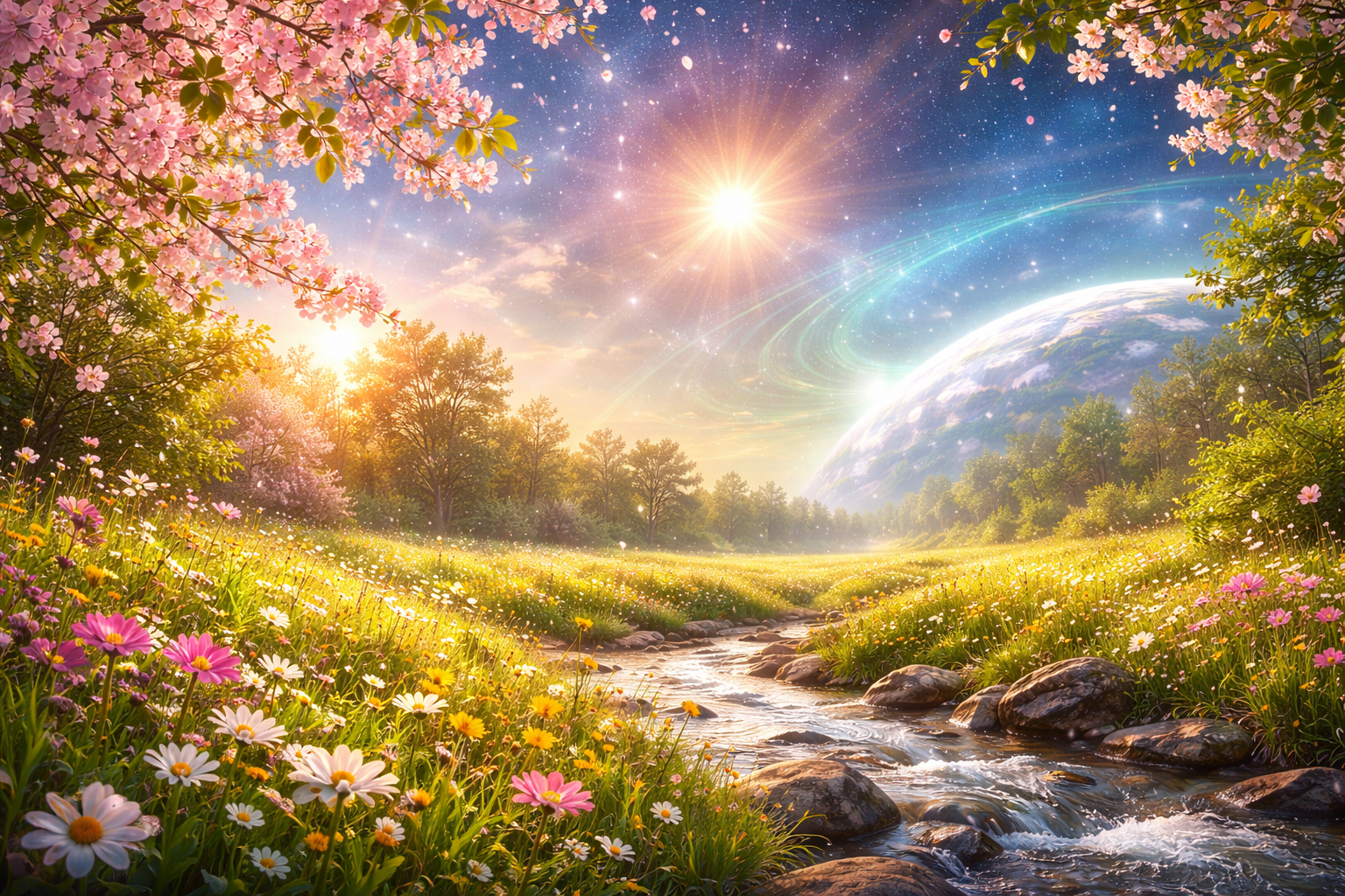 Frühlingslandschaft mit blühenden Bäumen, Sonnenlicht und fließendem Bach unter kosmischem Himmel – symbolisiert das kosmische Wetter zum Equinox, Neubeginn und energetische Balance