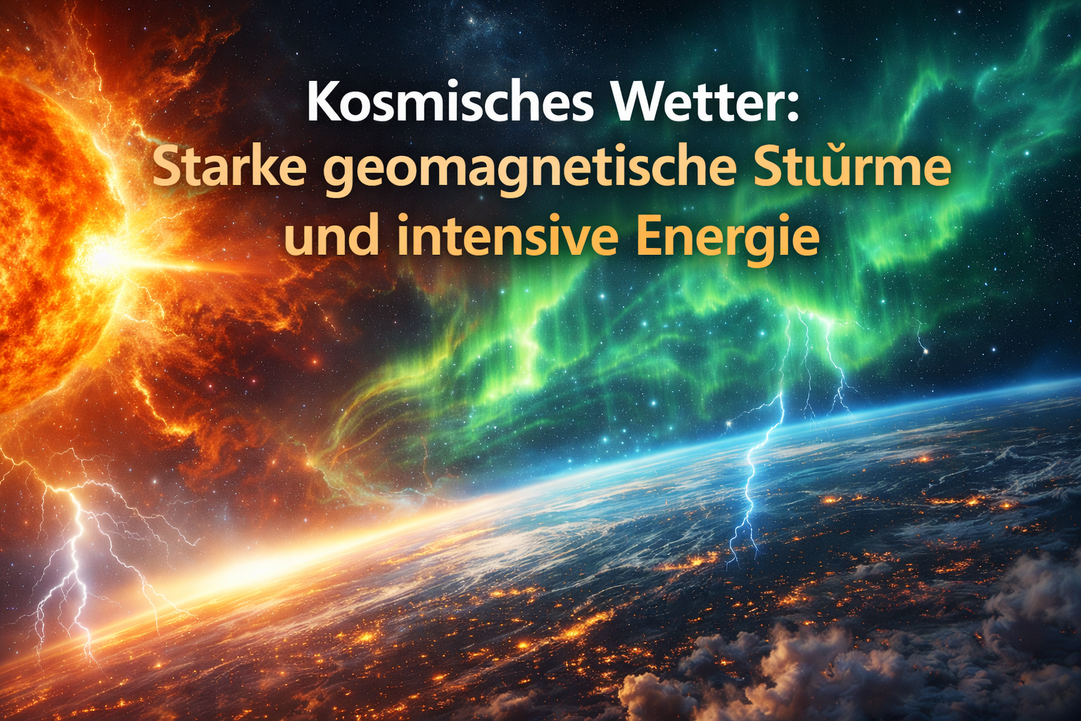 Darstellung eines starken Sonnensturms mit Polarlichtern und Blitzen über der Erde – symbolisiert das kosmische Wetter mit geomagnetischen Stürmen, Schumann-Resonanz und intensiver Energie im März 2026