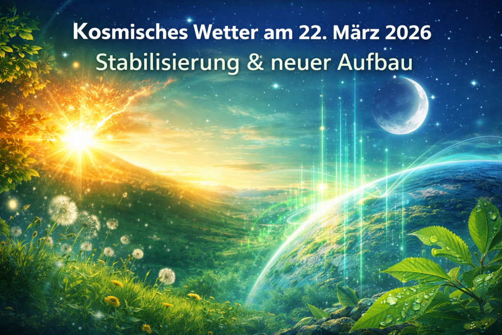 Frühlingslandschaft mit Sonnenaufgang, zunehmendem Mond und energetischen Lichtimpulsen über der Erde – symbolisiert das kosmische Wetter mit Schumann-Resonanz, Stabilisierung und neuem Energieaufbau