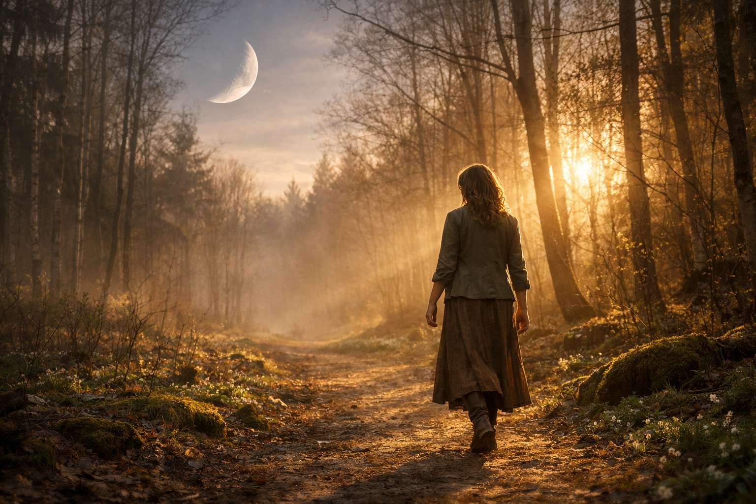 Eine Frau geht auf einem Waldweg im warmen Licht eines Frühlingsabends, während über ihr der zunehmende Mond am Himmel steht – Symbol für Aufbruch, Vertrauen und neue Perspektiven im Mondzyklus.