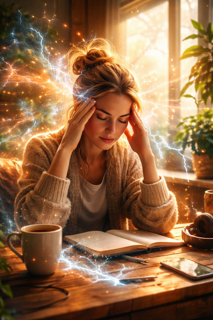Frau sitzt erschöpft am Tisch mit Tee und Notizbuch, hält sich den Kopf, während energetische Blitze um sie herum sichtbar sind – symbolisiert kosmisches Wetter, Schumann-Resonanz und körperliche Reaktionen auf geomagnetische Aktivität