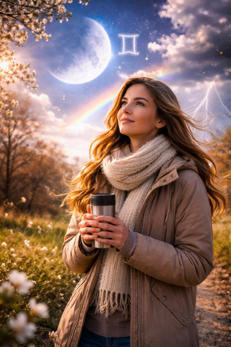 Frau steht draußen in kühlem, windigem Frühlingswetter mit Jacke und Schal, hält einen Becher und blickt ruhig in den Himmel mit Halbmond und wechselhaften Wolken – symbolisiert kosmisches Wetter, innere Stabilität und bewussten Umgang mit Energie