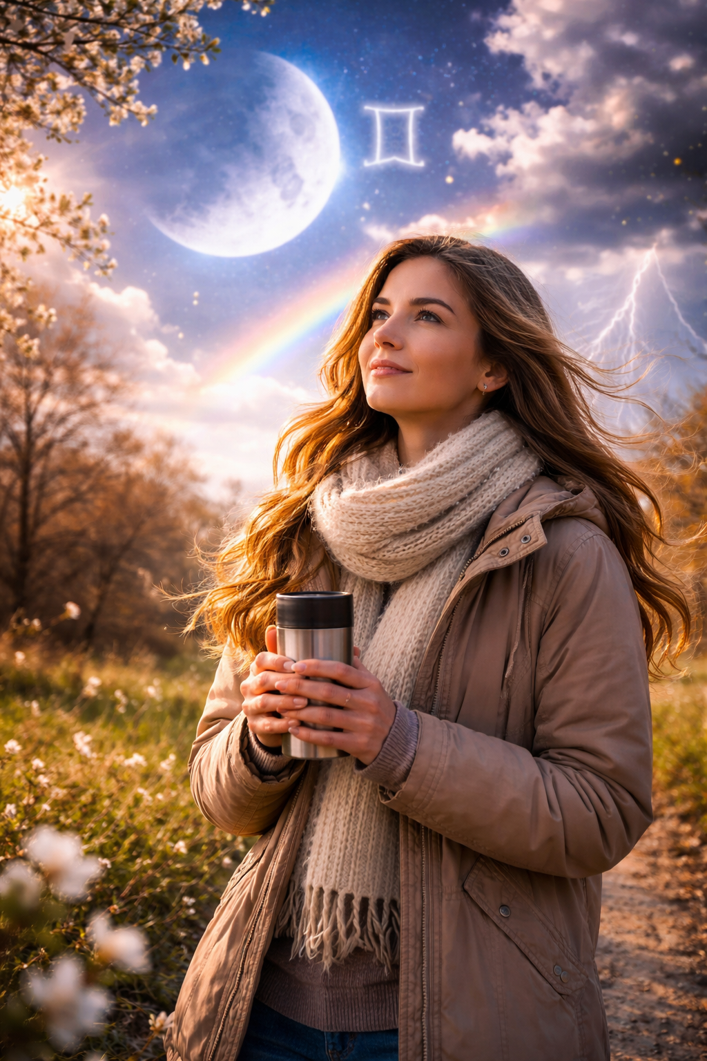 Frau steht draußen in kühlem, windigem Frühlingswetter mit Jacke und Schal, hält einen Becher und blickt ruhig in den Himmel mit Halbmond und wechselhaften Wolken – symbolisiert kosmisches Wetter, innere Stabilität und bewussten Umgang mit Energie