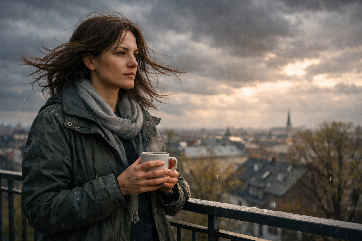 Frau steht bei windigem Frühlingswetter auf einem Balkon und blickt ruhig in die Ferne – Symbol für innere Stärke und Klarheit im zunehmenden Mond März 2026