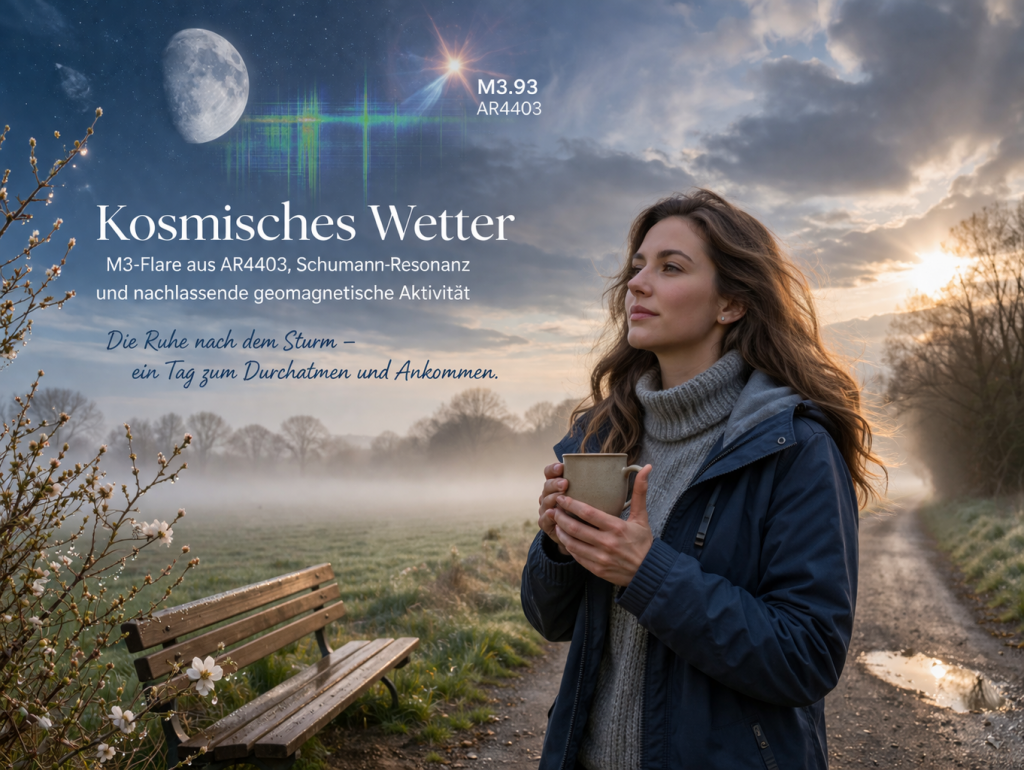 Frau steht ruhig in einer nebligen Frühlingslandschaft mit warmer Kleidung und Tasse in der Hand, während Sonnenlicht durch Wolken bricht und der Mond sichtbar ist – symbolisiert kosmisches Wetter, Schumann-Resonanz und die Phase der Erholung nach starker Aktivität