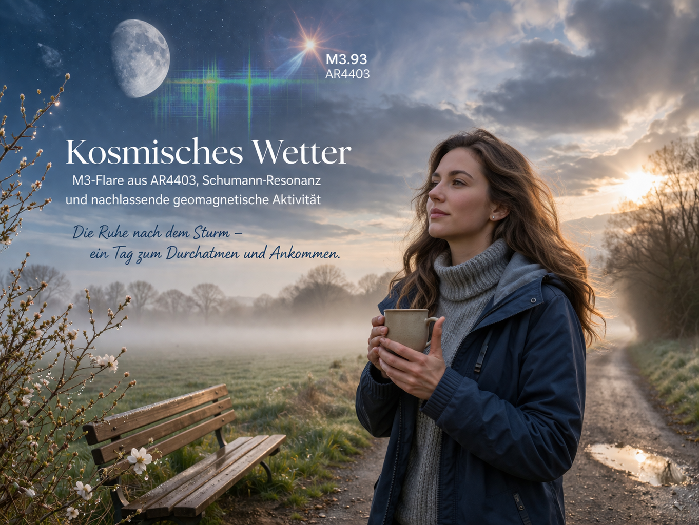 Frau steht ruhig in einer nebligen Frühlingslandschaft mit warmer Kleidung und Tasse in der Hand, während Sonnenlicht durch Wolken bricht und der Mond sichtbar ist – symbolisiert kosmisches Wetter, Schumann-Resonanz und die Phase der Erholung nach starker Aktivität