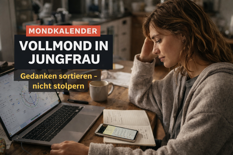 Mondkalender 30 März bis 2 April 2026 zeigt Frau am Küchentisch mit Laptop und Notizen, die beim Vollmond in Jungfrau ihre Gedanken ordnet und Klarheit im Alltag findet