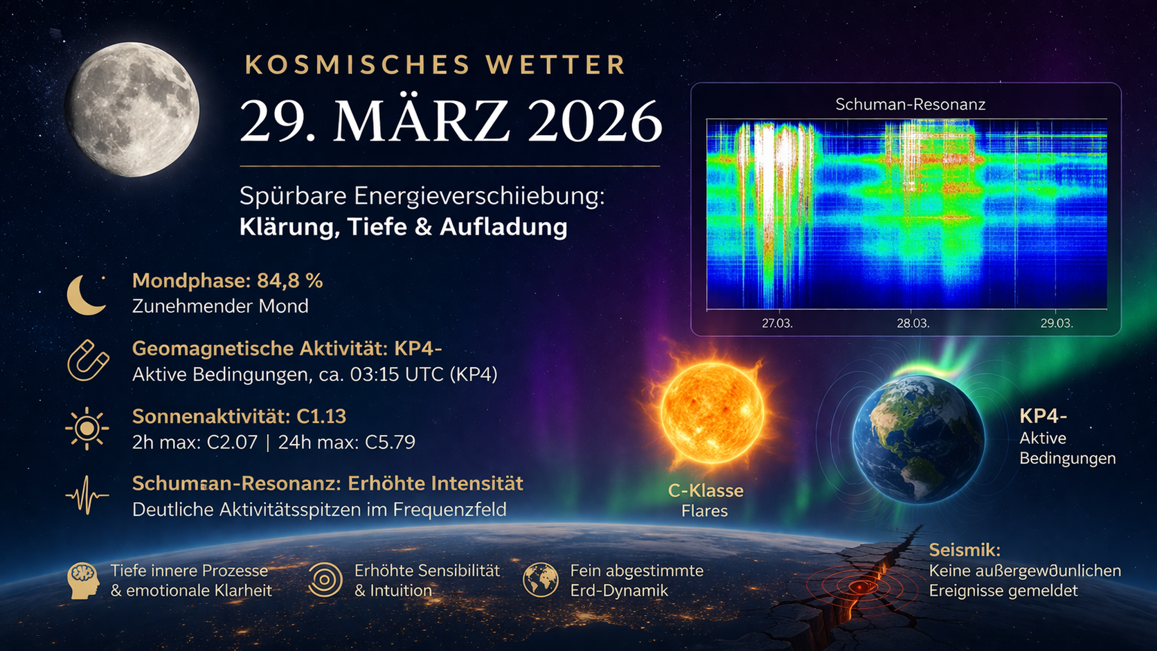 Kosmisches Wetter 29. März 2026 mit zunehmendem Mond (84,8 %), KP4 geomagnetischer Aktivität, C-Klasse Sonnenflares und erhöhter Schumann-Resonanz – Darstellung der energetischen Auswirkungen auf Psyche und Alltag