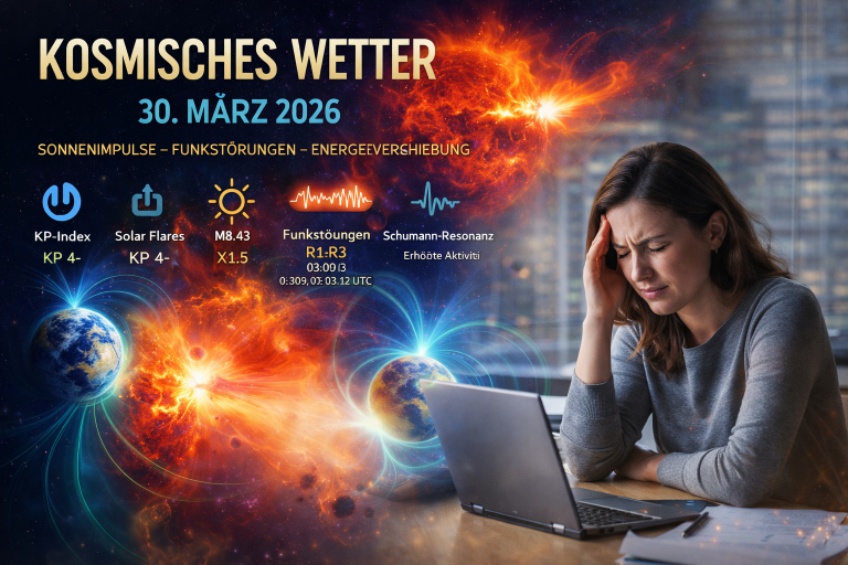 Kosmisches Wetter 30. März 2026 mit KP4 geomagnetischer Aktivität, M- und X-Klasse Sonnenflares sowie Funkstörungen – Darstellung der Auswirkungen auf Psyche und Alltag in einer realen Alltagssituation