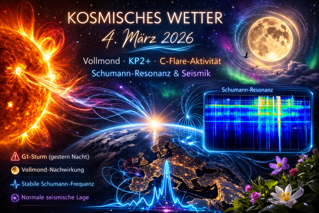 Kosmisches Wetter am 4. März 2026 mit leuchtender Sonne, Vollmond über der Erde, Polarlichtern und energetischen Feldern als Symbol für geomagnetische Aktivität, Schumann-Resonanz und Sonnenstürme.
