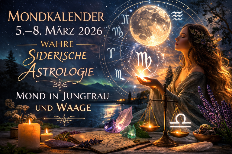 Mystisches Beitragsbild zum Mondkalender 5.–8. März 2026 nach wahrer siderischer Astrologie. Der Mond bewegt sich von Jungfrau in die Waage und steht unter Einflüssen von Pluto, Merkur rückläufig sowie Venus, Saturn und Neptun in den Fischen.