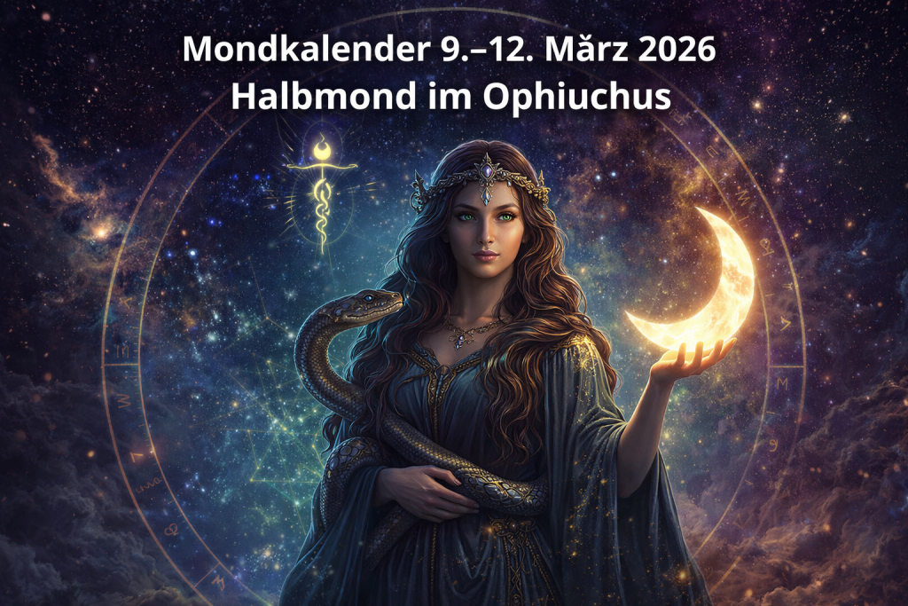 Mystisches Beitragsbild zum Mondkalender 9.–12. März 2026 nach wahrer siderischer Astrologie. Eine Schlangenträgerin symbolisiert das Sternbild Ophiuchus, während der Halbmond die Phase der Integration und Erkenntnis im aktuellen Mondzyklus darstellt.