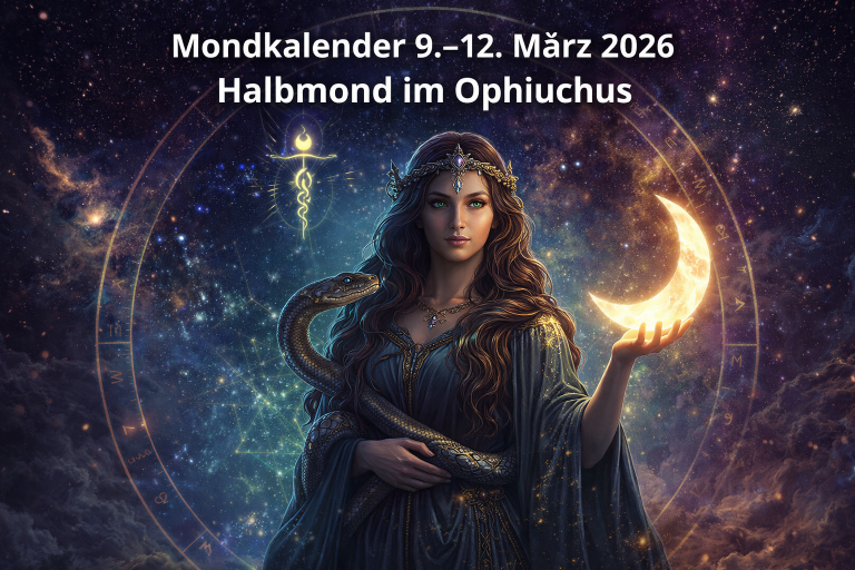 Mystisches Beitragsbild zum Mondkalender 9.–12. März 2026 nach wahrer siderischer Astrologie. Eine Schlangenträgerin symbolisiert das Sternbild Ophiuchus, während der Halbmond die Phase der Integration und Erkenntnis im aktuellen Mondzyklus darstellt.