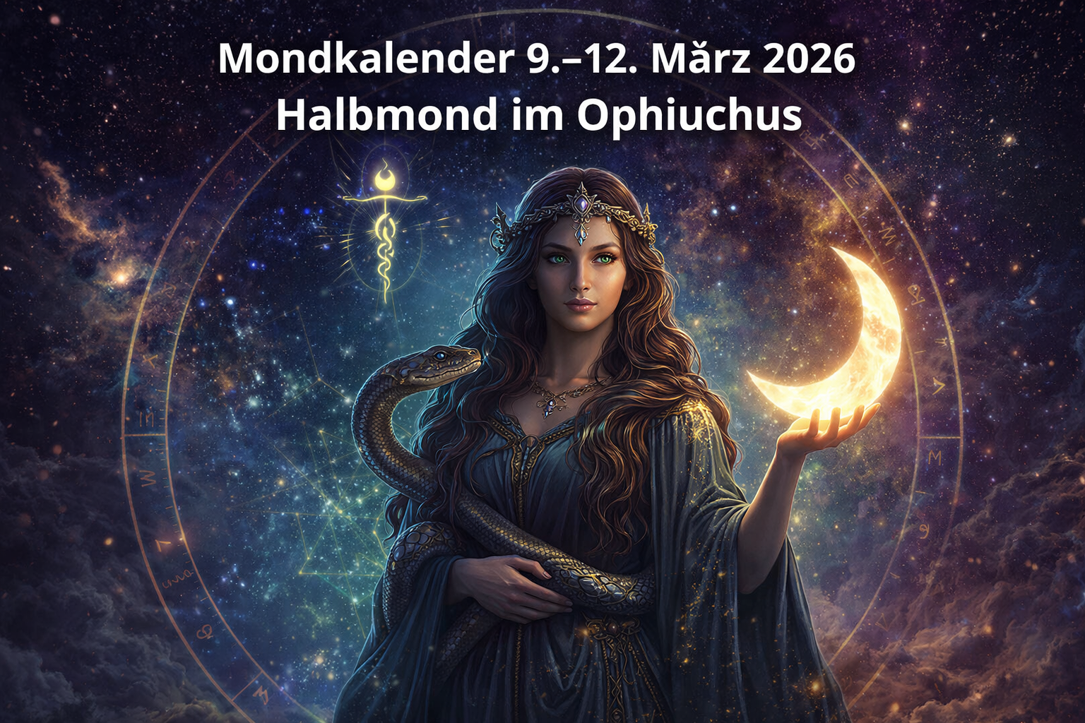 Mystisches Beitragsbild zum Mondkalender 9.–12. März 2026 nach wahrer siderischer Astrologie. Eine Schlangenträgerin symbolisiert das Sternbild Ophiuchus, während der Halbmond die Phase der Integration und Erkenntnis im aktuellen Mondzyklus darstellt.