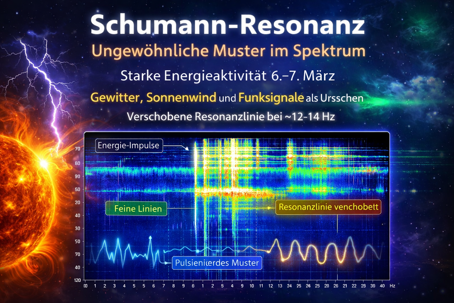Grafik zum kosmischen Wetter mit Sonne, Polarlichtfarben und einem Schumann-Resonanz-Spektrogramm, das ungewöhnliche Energieimpulse und Resonanzlinien um 12–14 Hz Anfang März 2026 zeigt.