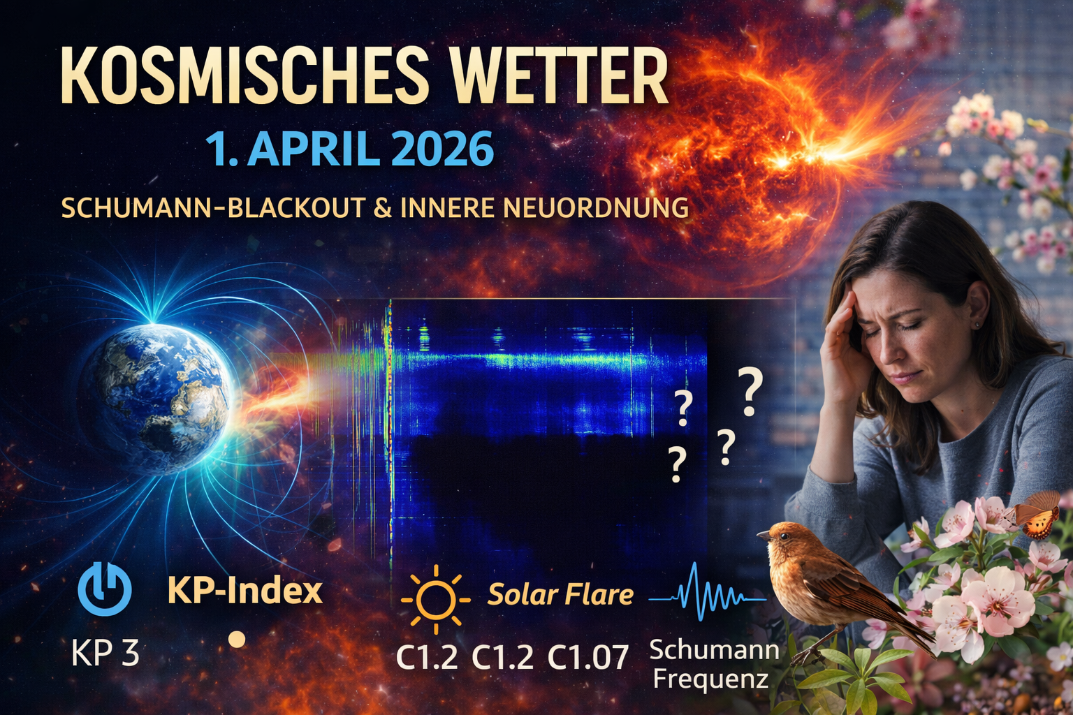 Kosmisches Wetter 1. April 2026 mit ruhiger Sonnenaktivität, KP3 geomagnetischer Lage und erhöhter Schumann-Resonanz – Darstellung der Auswirkungen auf Psyche und Alltag in einer Frühlingsszene mit Natur, Blumen und Tierwelt