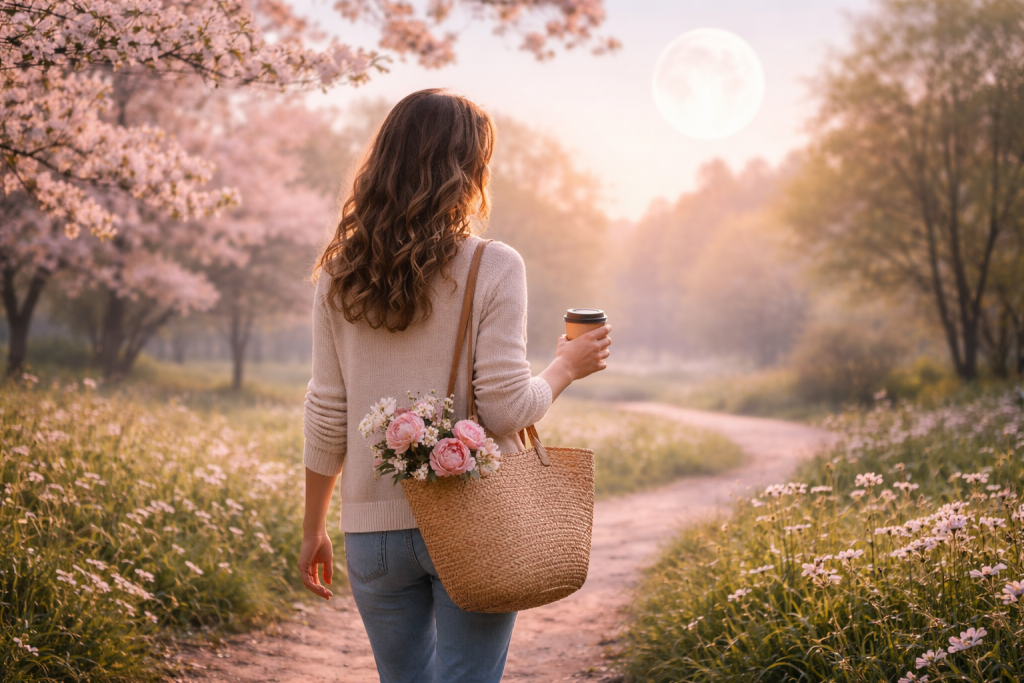 Mondkalender 3.–5. April 2026 – Frau im Frühling auf ruhigem Weg als Symbol für Klarheit und Balance nach dem Vollmond.