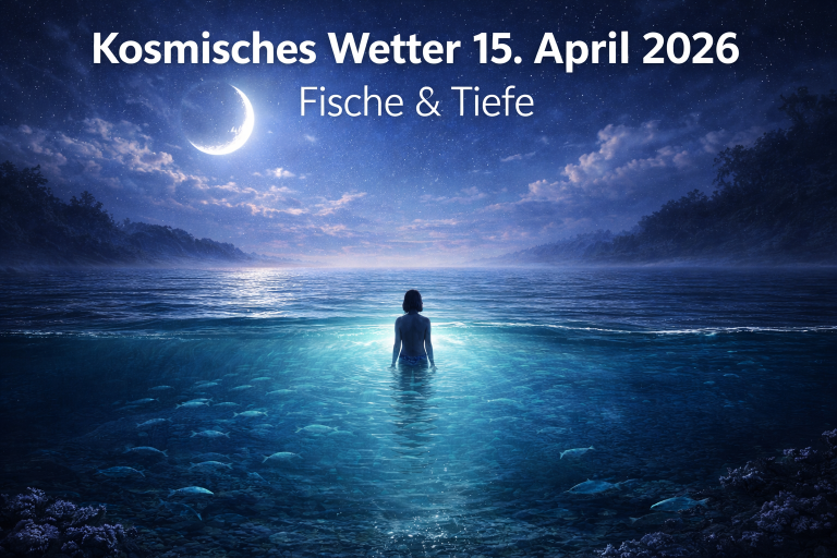 Kosmisches Wetter 15. April 2026 – Frau steht im ruhigen Wasser unter Nachthimmel und symbolisiert Fische-Energie, emotionale Tiefe und inneren Rückzug
