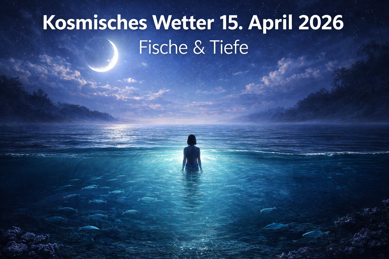 Kosmisches Wetter 15. April 2026 – Frau steht im ruhigen Wasser unter Nachthimmel und symbolisiert Fische-Energie, emotionale Tiefe und inneren Rückzug