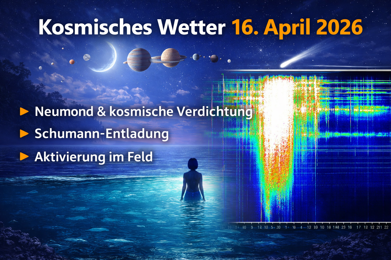 Kosmisches Wetter 16. April 2026 – Frau im Wasser unter Sternenhimmel mit Planeten, Komet und Schumann-Spektrogramm zeigt Neumond in Fische, kosmische Verdichtung und starke Entladung im Feld