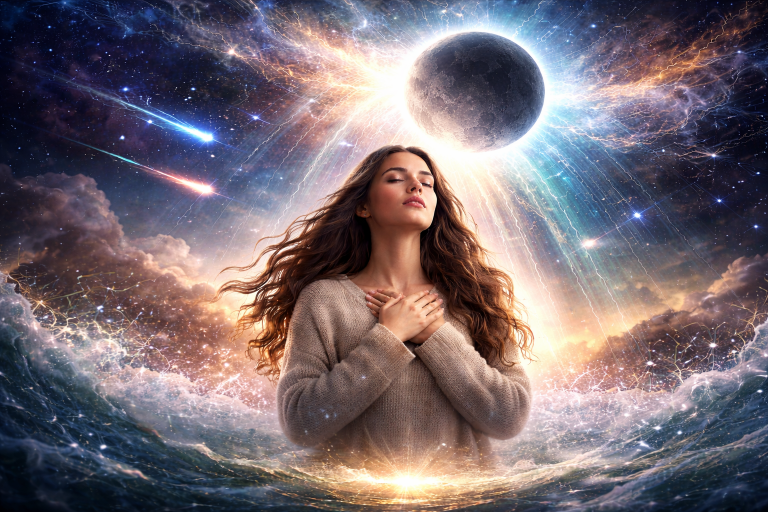 Kosmisches Wetter 17. April 2026 – Frau mit geschlossenen Augen im kosmischen Feld zeigt emotionale Tiefe, Neumond in Fische und energetische Entladung.