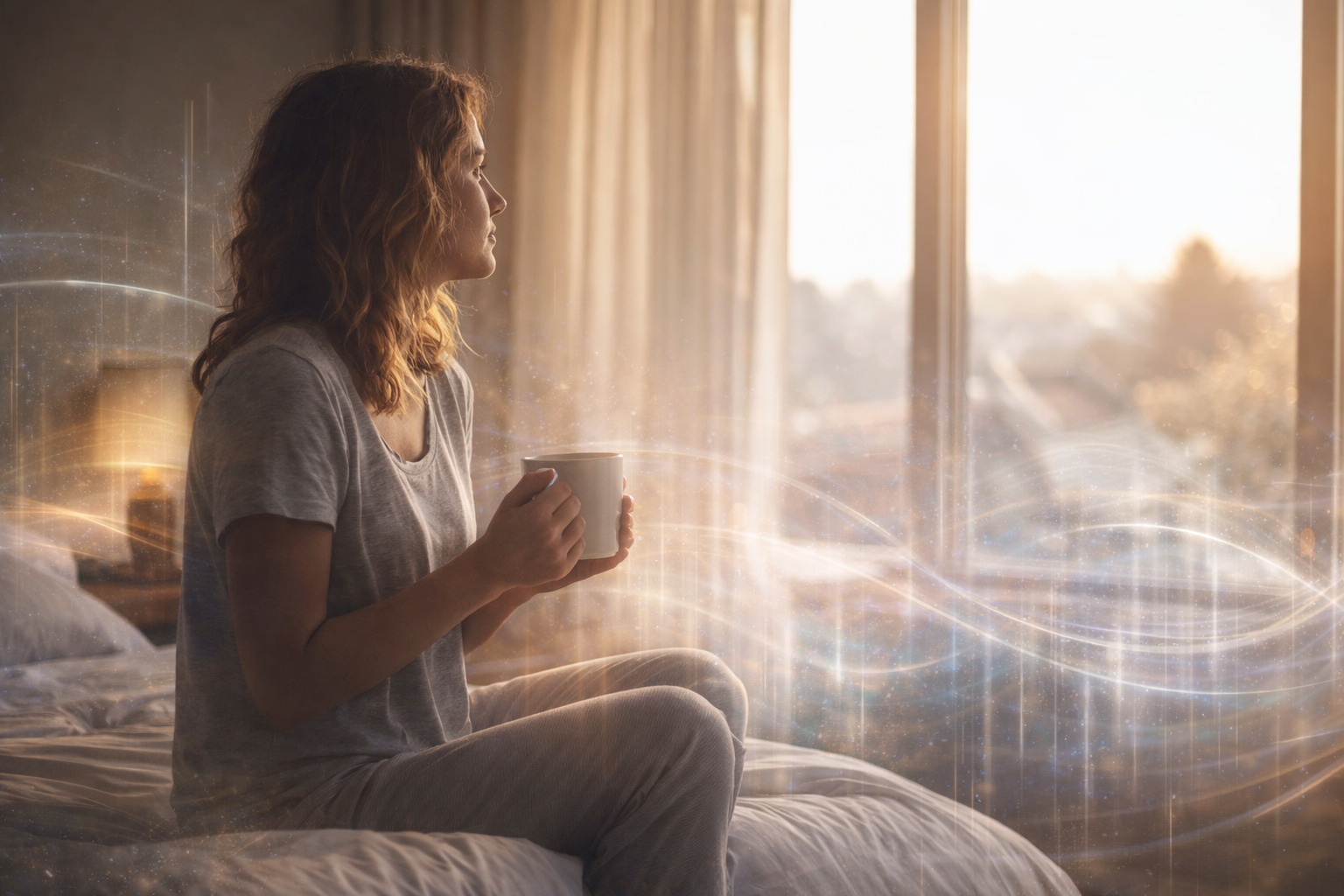 Kosmisches Wetter 19. April 2026 – Frau im Morgenlicht spürt Erdung und Ruhe, während subtile Schumann-Resonanzwellen im Raum sichtbar sind.