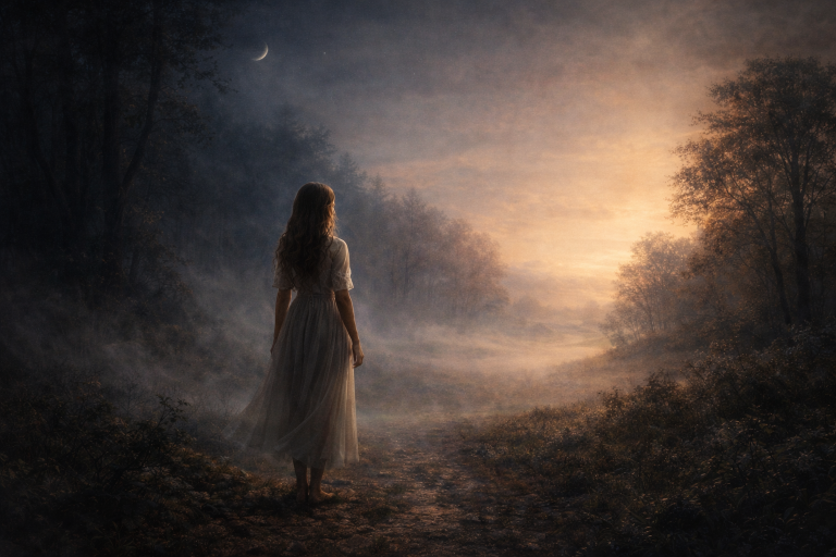 Mondkalender 20.–23. April 2026 Symbolbild mit Frau zwischen Dunkelheit und Morgenlicht nach Neumond für Transformation, Erdung und neue Klarheit.