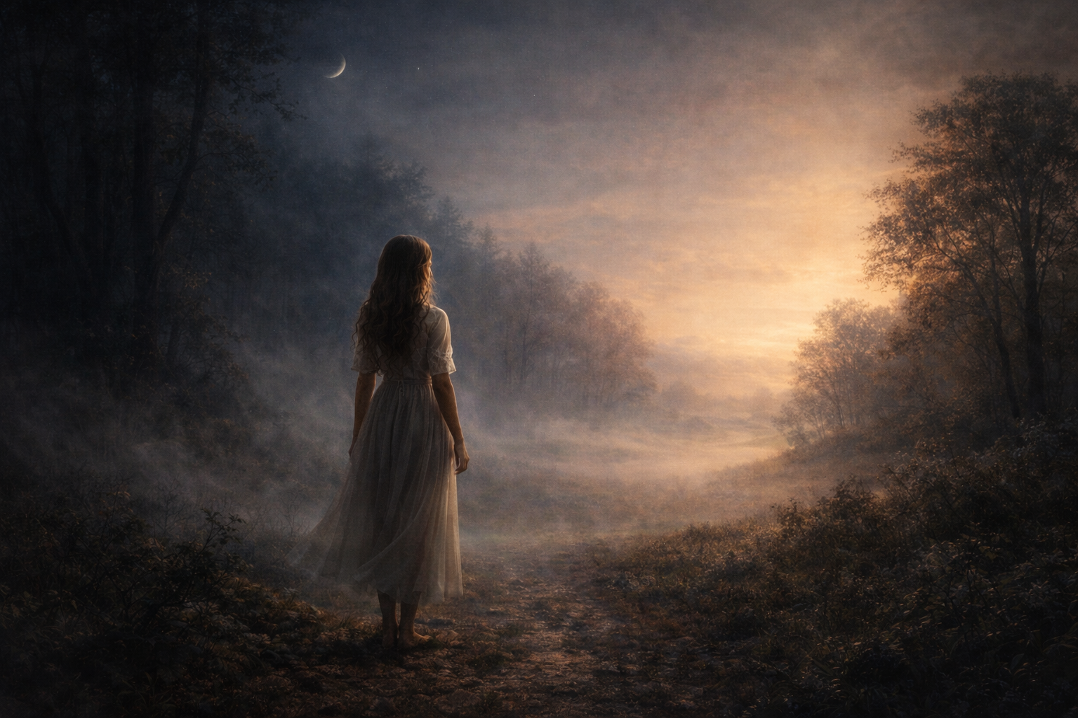 Mondkalender 20.–23. April 2026 Symbolbild mit Frau zwischen Dunkelheit und Morgenlicht nach Neumond für Transformation, Erdung und neue Klarheit.