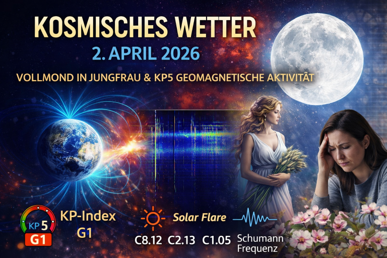 Kosmisches Wetter 2. April 2026 mit Vollmond in der Jungfrau, KP5 geomagnetischer Aktivität und CME-Nachwirkung – Darstellung der Auswirkungen auf Psyche und Alltag mit Schumann-Resonanz und kosmischen Einflüssen.