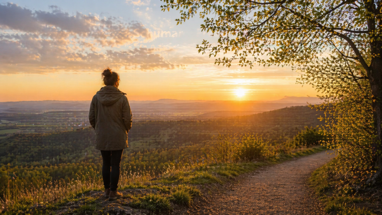 Kosmisches Wetter April 2026 – Person blickt über Landschaft im Abendlicht, feine Lichtmuster im Himmel wirken wie energetische Wellen und zeigen die ruhige Aktivität im Feld.