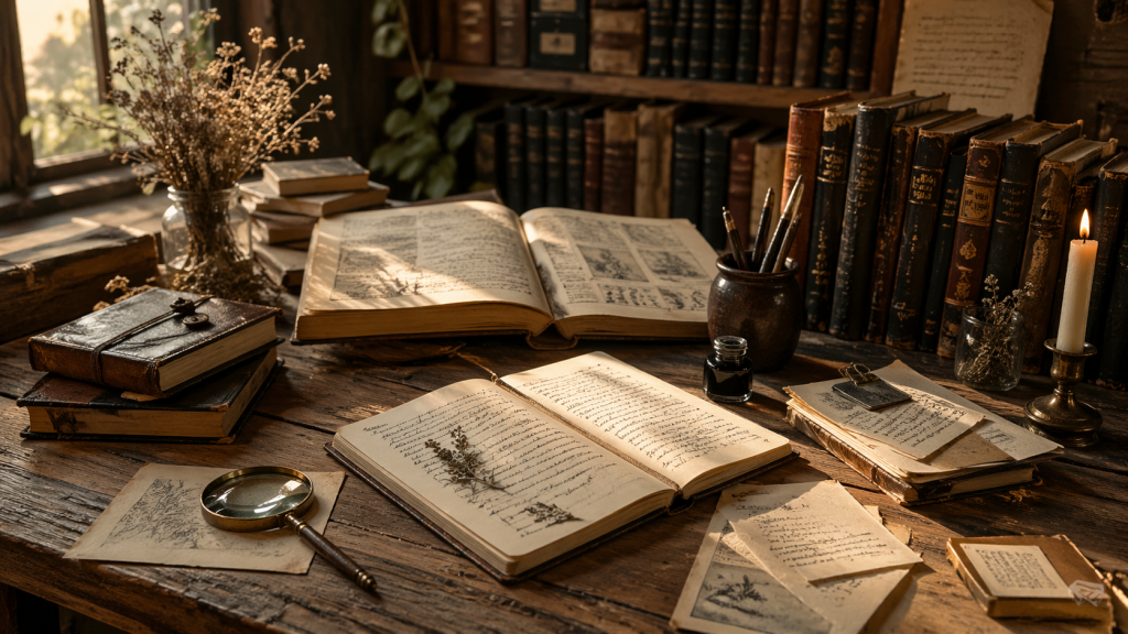Quellen – Sammlung von Büchern, Notizen und Referenzen auf einem Tisch als Grundlage für Artikel