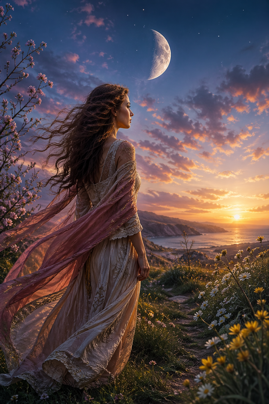 Mondkalender 24.–26. April 2026 Symbolbild mit Frau in Frühlingslandschaft bei zunehmendem Halbmond für innere Spannung, Entscheidung und sichtbaren Wandel.