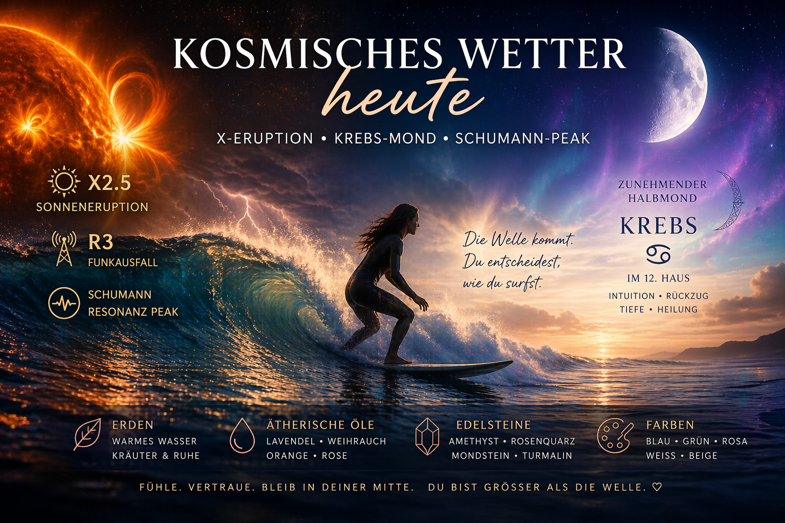 Kosmisches Wetter heute mit X2.5 Sonneneruption, Surfer auf Welle als Symbol für emotionale Energie im Krebs-Mond und Schumann Resonanz Peak