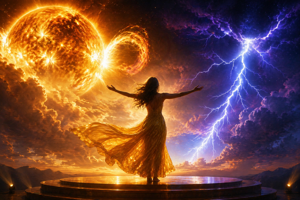 Frau im goldenen Licht vor eruptiver Sonne und Blitzsturm – kosmisches Wetter mit M1.31 Sonnenflare, Schumann Resonanz und Mond im Löwen im Quadrat zu Uranus