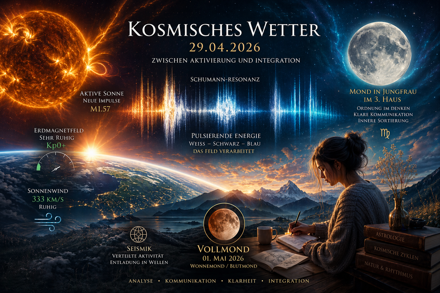 Kosmisches Wetter am 29.04.2026 mit aktiver Sonne, pulsierender Schumann-Resonanz im Muster Weiß-Schwarz-Blau, ruhigem Erdmagnetfeld und zunehmendem Mond in Jungfrau im 3. Haus vor dem Vollmond am 1. Mai