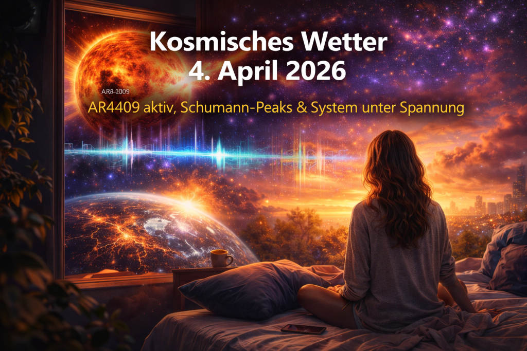 Kosmisches Wetter 4. April 2026 mit AR4409 und starken Schumann-Peaks – Frau sitzt im Alltag am Bett und blickt auf kosmischen Himmel mit Sonnenaktivität und energetischen Wellen