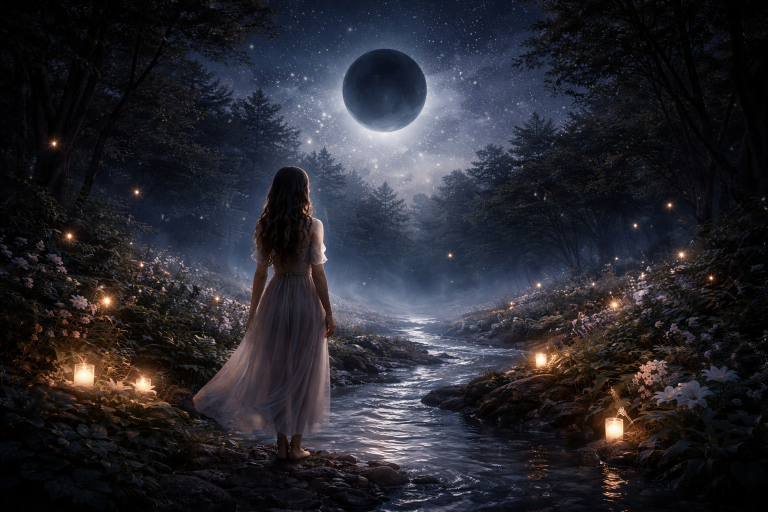 Mondkalender 14.–19. April 2026 Neumond Symbolbild mit Frau im dunklen Wald unter schwarzem Mond für Einkehr, Transformation und inneren Neubeginn.