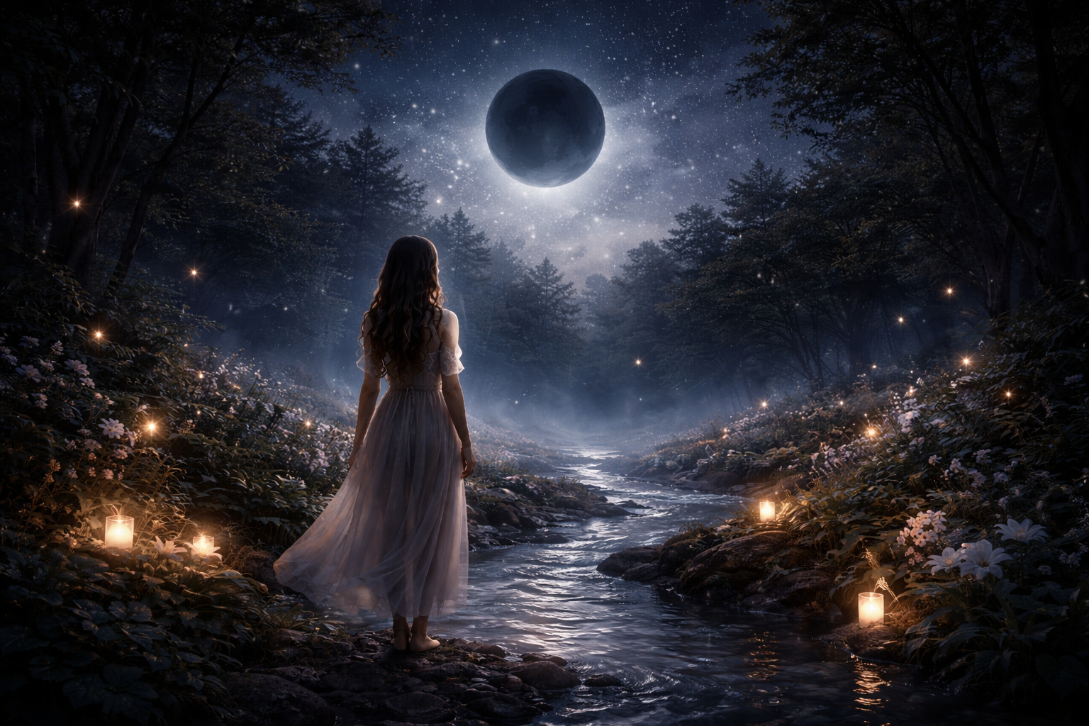 Mondkalender 14.–19. April 2026 Neumond Symbolbild mit Frau im dunklen Wald unter schwarzem Mond für Einkehr, Transformation und inneren Neubeginn.