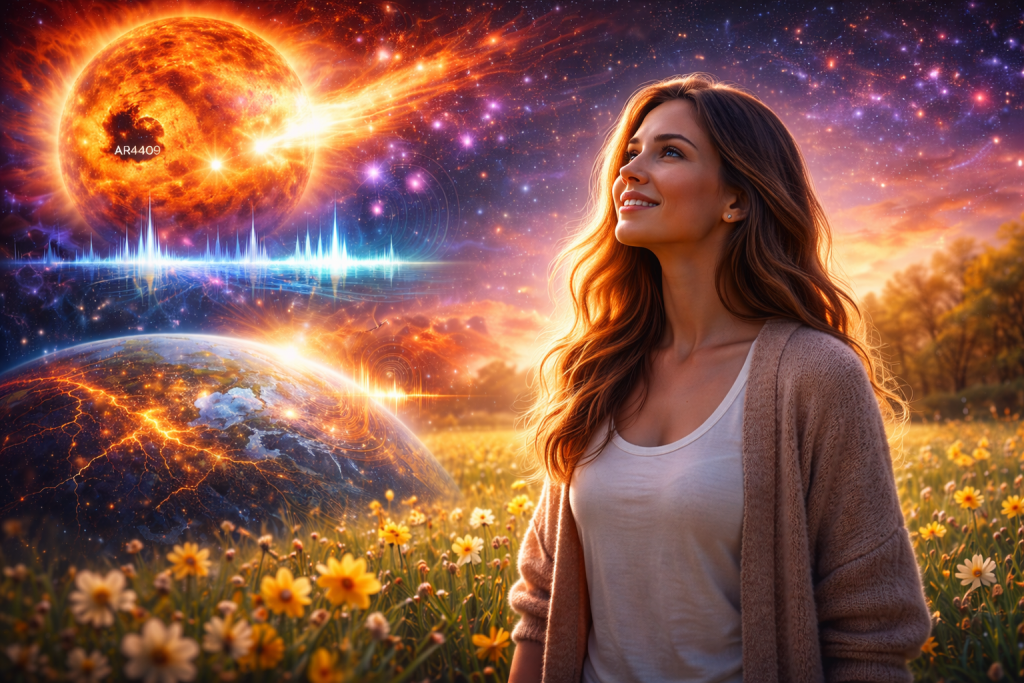 Kosmisches Wetter 3. April 2026 mit AR4409 und Schumann-Peak – Frau im Frühlingsfeld blickt in einen kosmischen Himmel mit Sonnenaktivität und energetischen Wellen