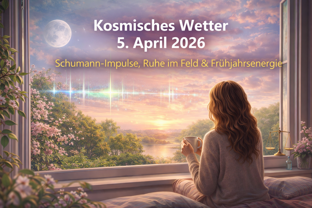 Kosmisches Wetter 5. April 2026 mit ruhiger Sonnenaktivität und feinen Schumann-Impulsen – Frau sitzt am Fenster in Frühlingslandschaft und blickt auf harmonischen Himmel.