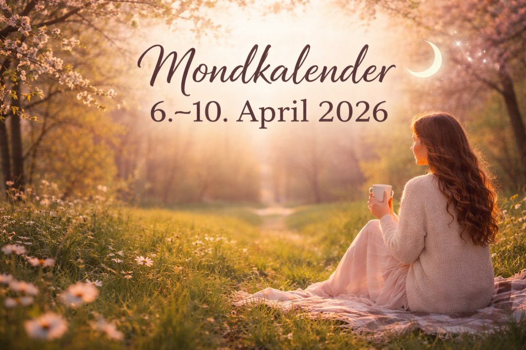 Mondkalender 6.–10. April 2026 mit Frau in ruhiger Frühlingslandschaft als Symbol für innere Klarheit und Ausrichtung nach dem Vollmond
