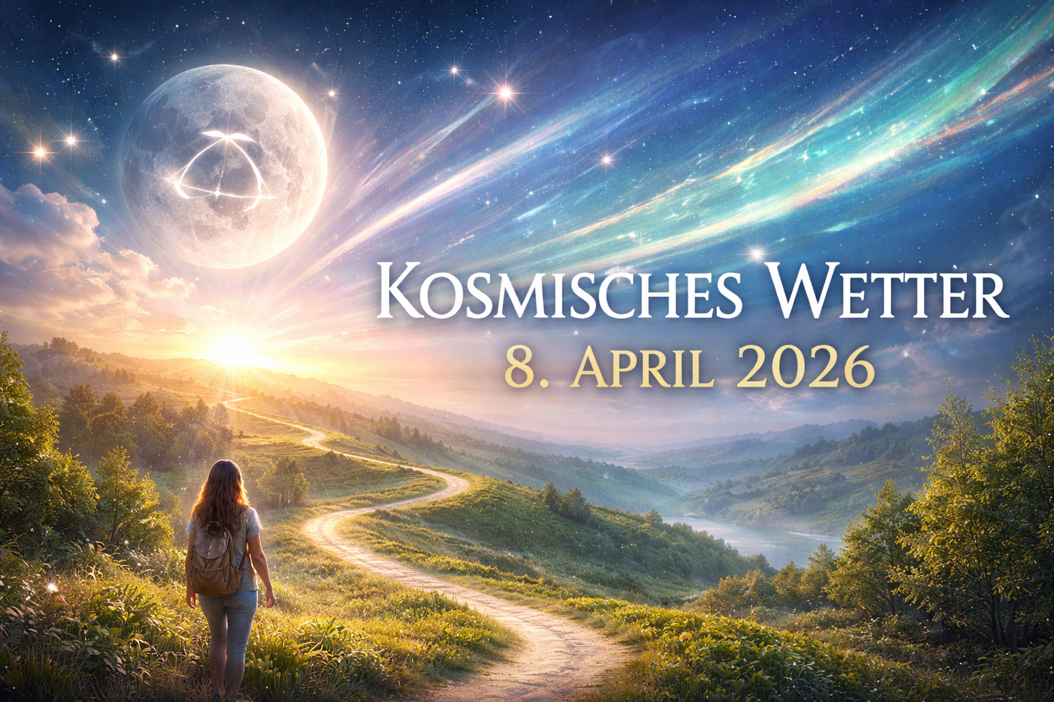 Kosmisches Wetter 8. April 2026 – Frau geht auf einem Weg durch Frühlingslandschaft in Richtung Licht unter kosmischem Himmel mit energetischen Wellen.